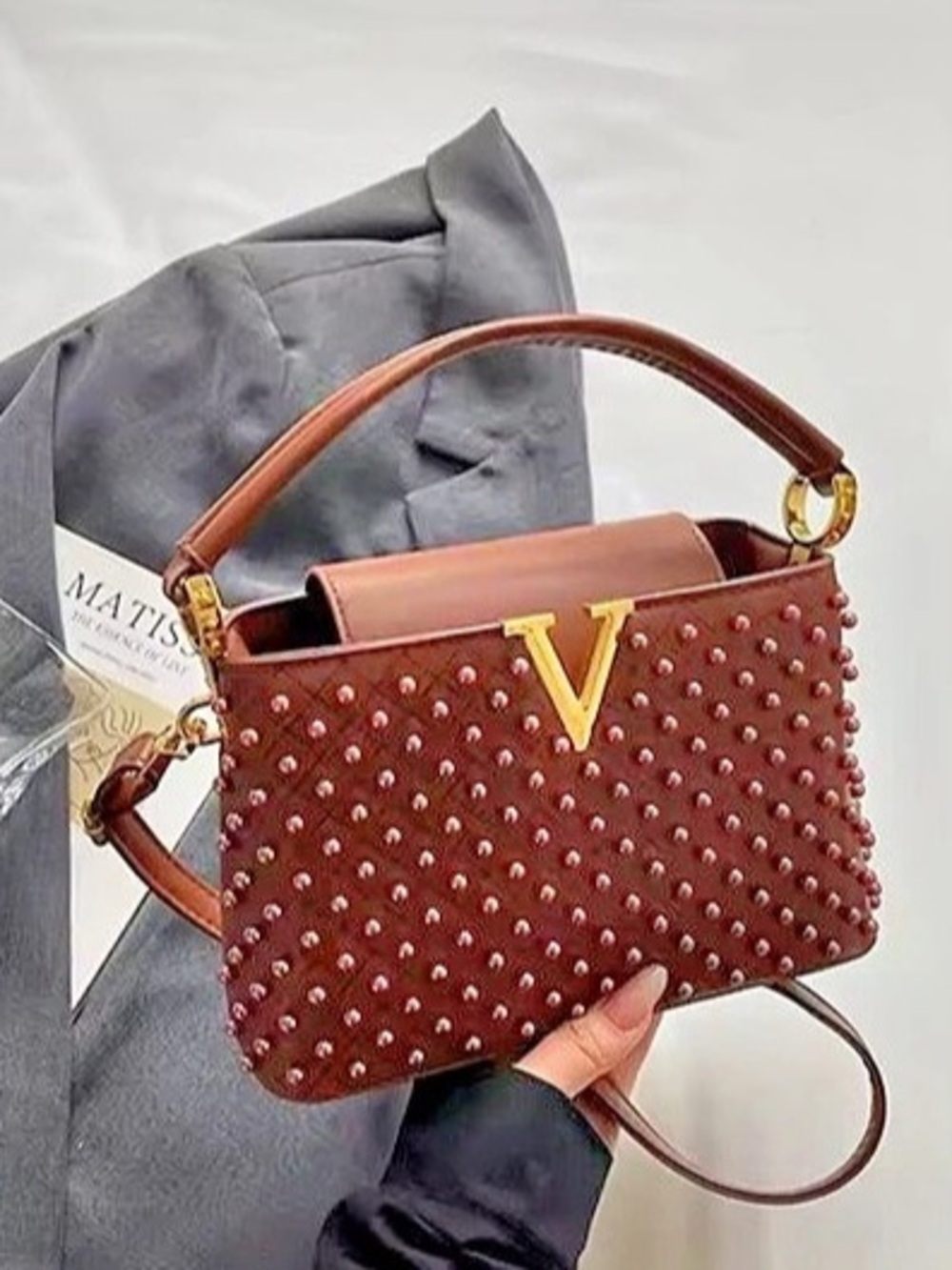 New Studded Shoulder Bag in Brown